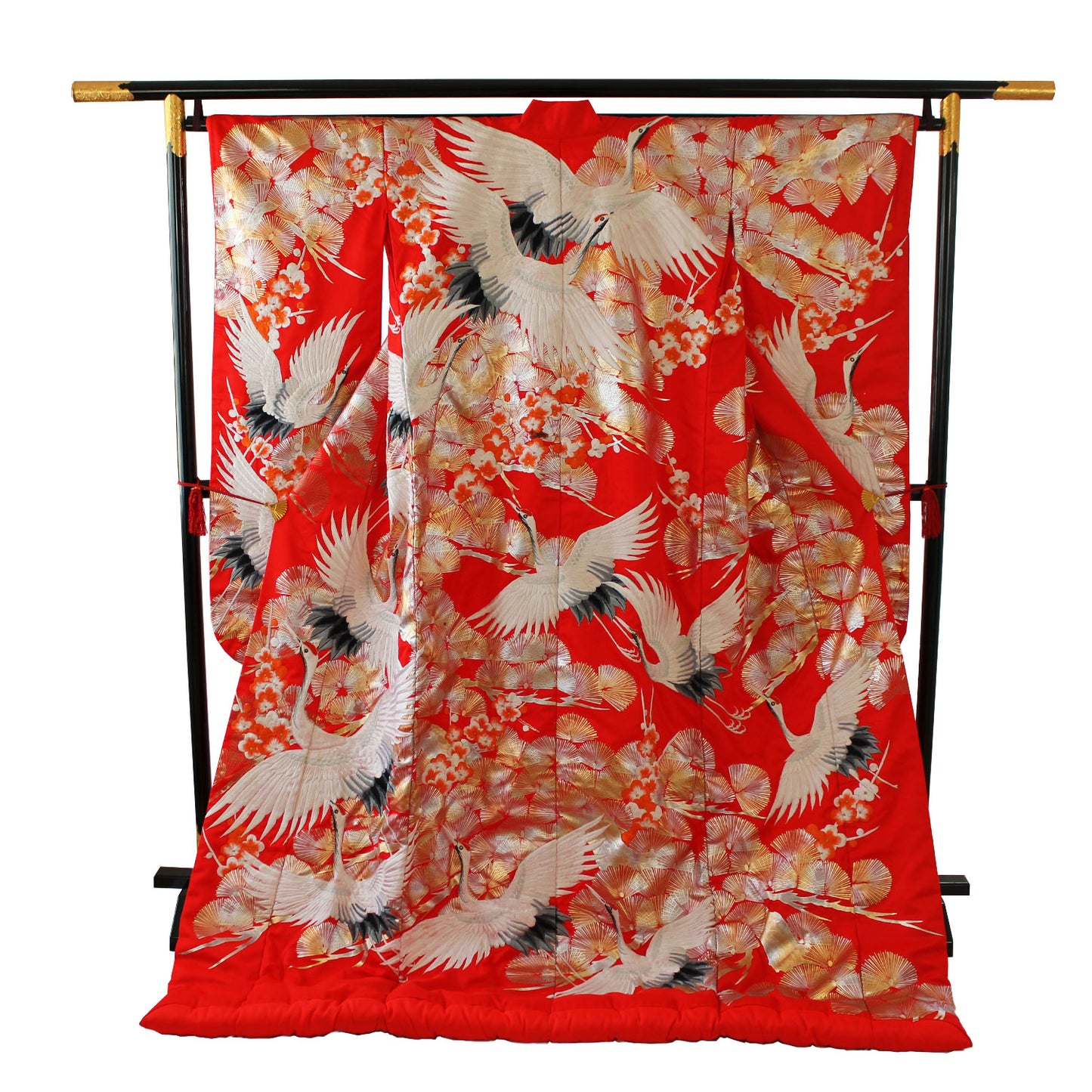 Kimono Uchikake(打掛) Vermilion-Red FlyingCrane Plum Embroidery GoldLeaf SilverLeaf Japanese Traditional Clothing Japan