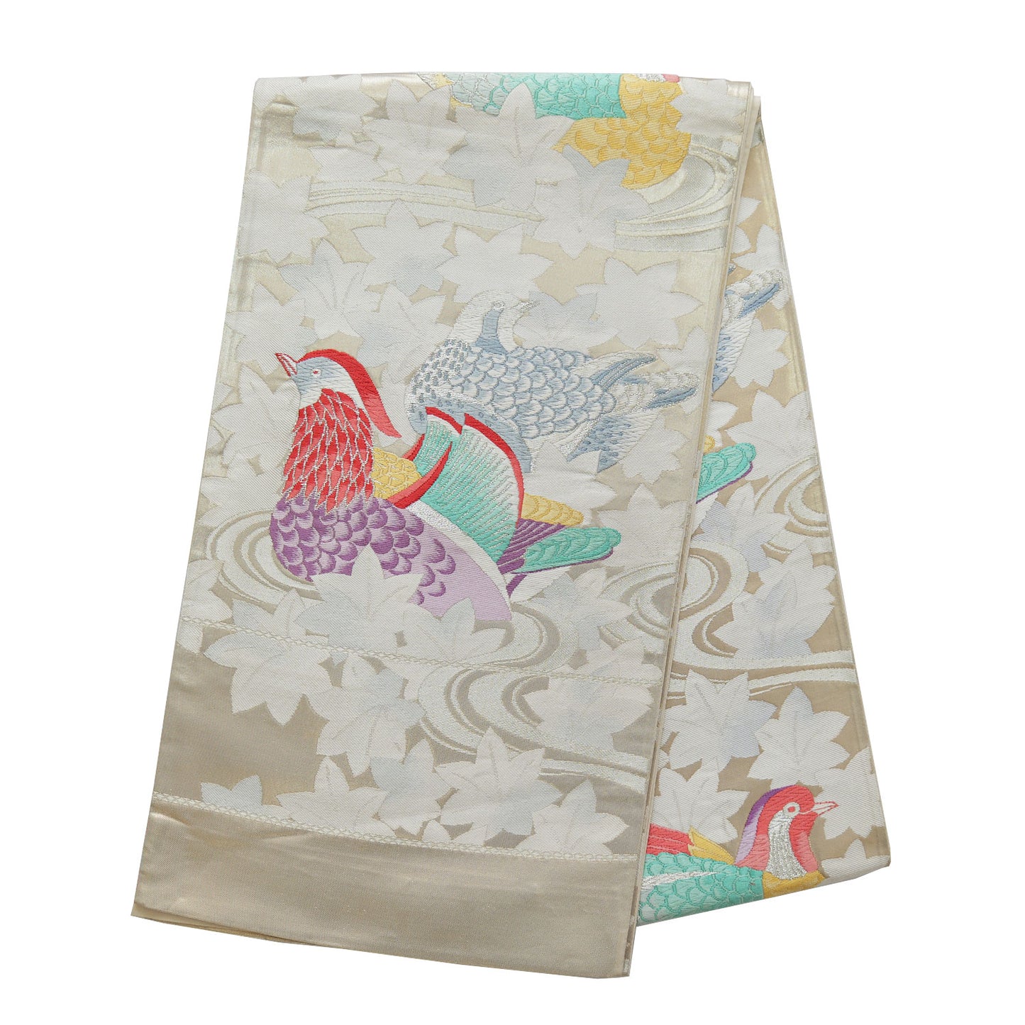 A six-panel obi sash featuring a striking design of large mandarin ducks|大きく配置されたオシドリが印象的な六通袋帯