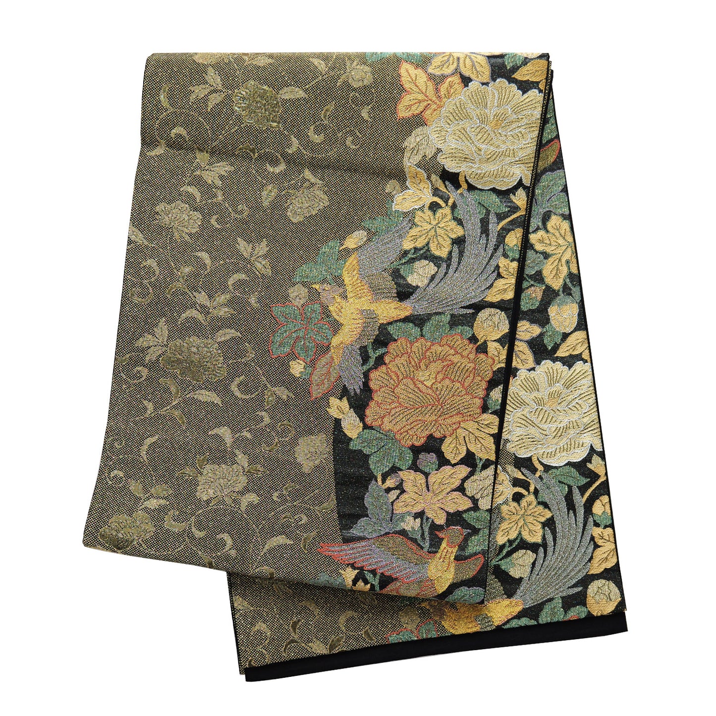 A dazzling six-panel obi sash woven with gold threads and featuring a phoenix pattern|金糸が織り込まれた鳳凰柄のきらびやかな六通袋帯