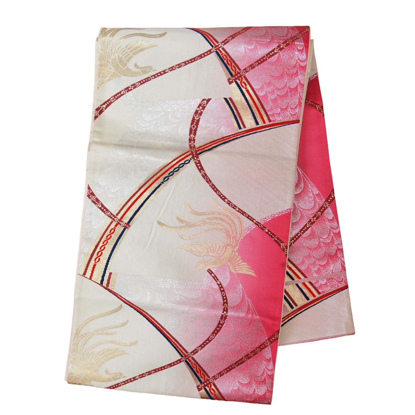 A festive six-panel patterned obi sash in red and white, featuring a design of a phoenix|鳳凰が描かれた赤と白のおめでたい六通柄の袋帯