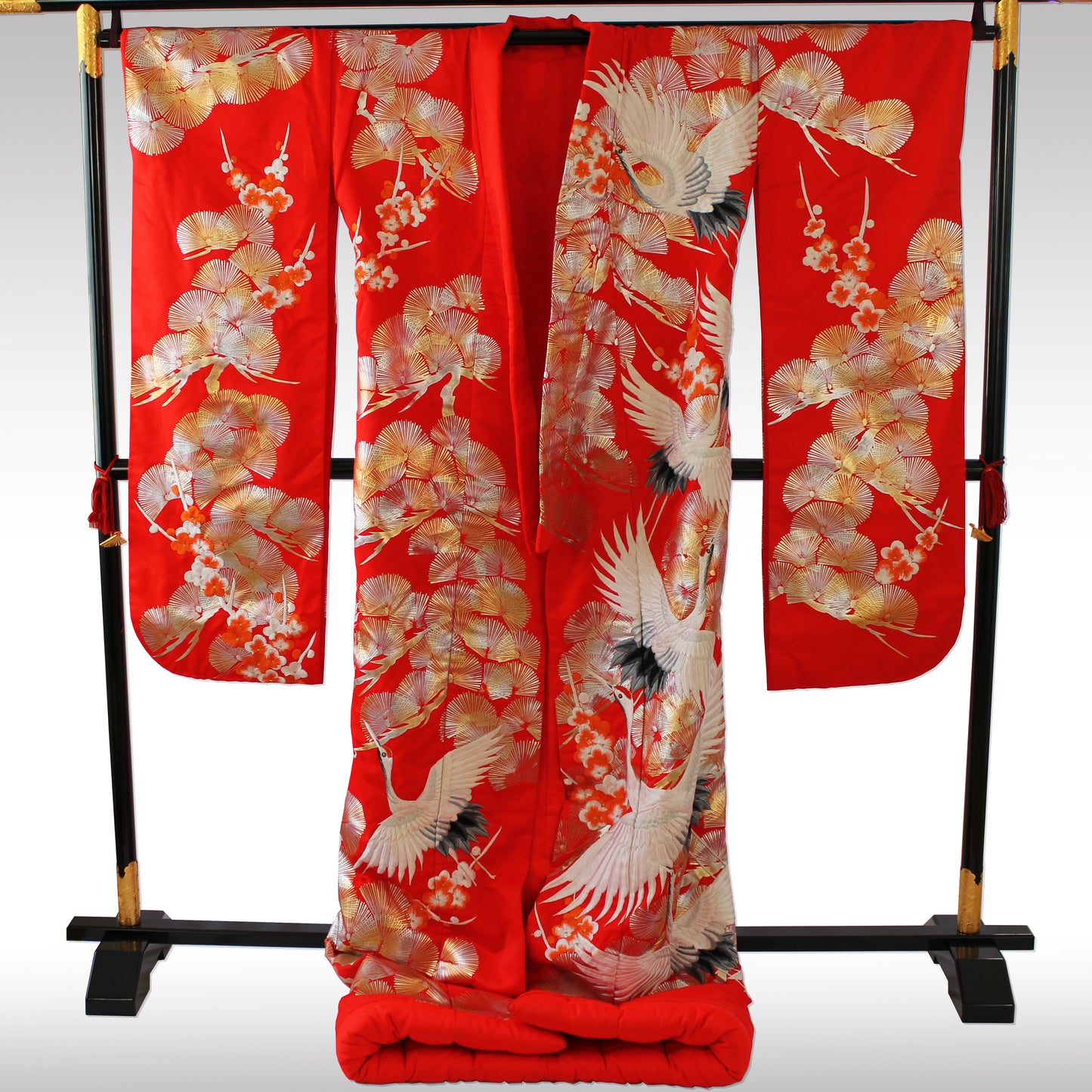Kimono Uchikake(打掛) Vermilion-Red FlyingCrane Plum Embroidery GoldLeaf SilverLeaf Japanese Traditional Clothing Japan