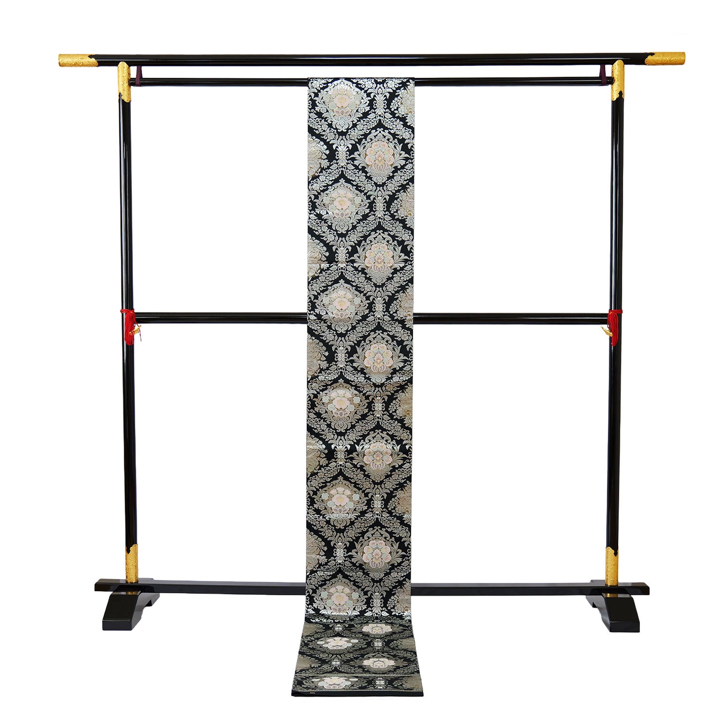 A six-fold obi with a black satin weave and Chinese flower pattern｜黒の繻子織りに唐花文様の六通袋帯