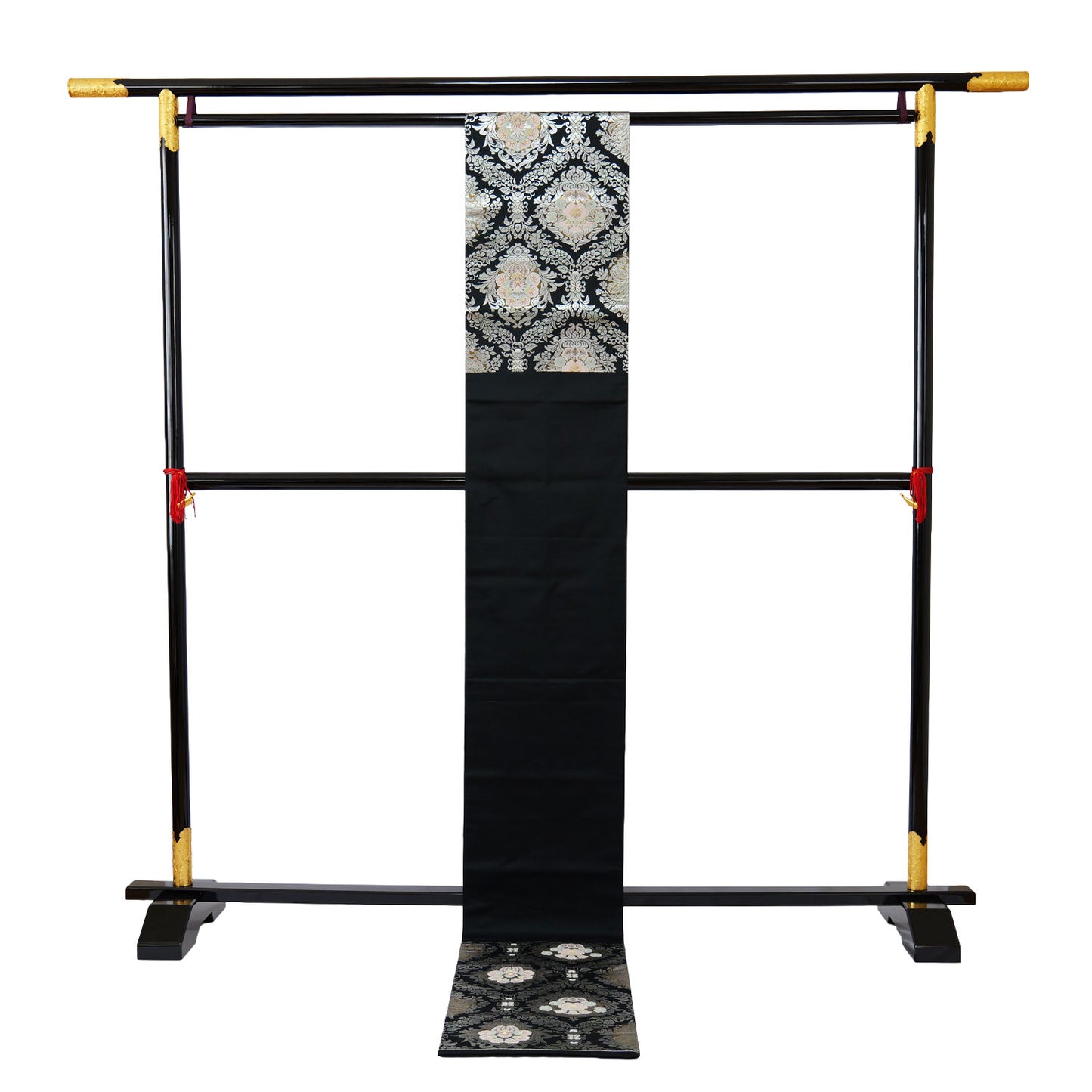 A six-fold obi with a black satin weave and Chinese flower pattern｜黒の繻子織りに唐花文様の六通袋帯