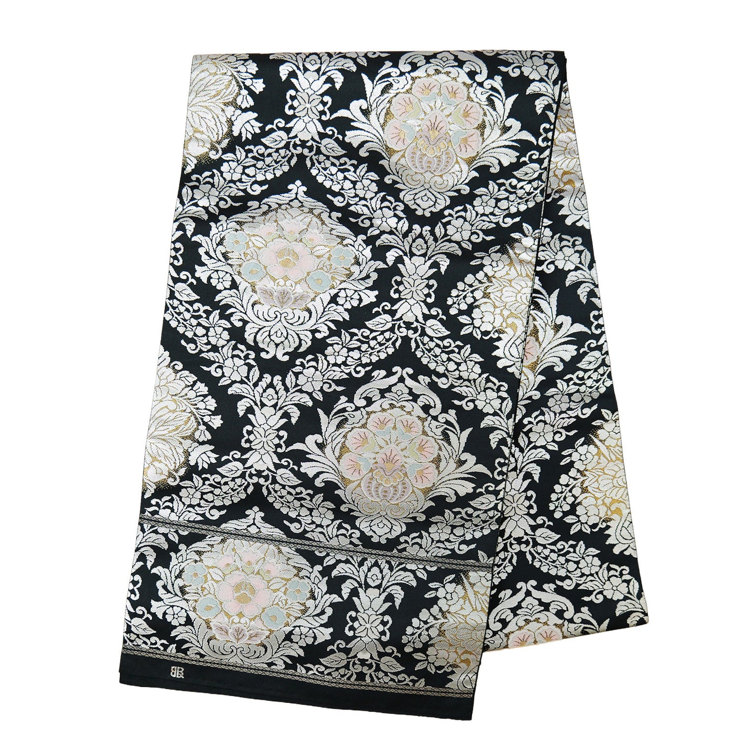 A six-fold obi with a black satin weave and Chinese flower pattern｜黒の繻子織りに唐花文様の六通袋帯