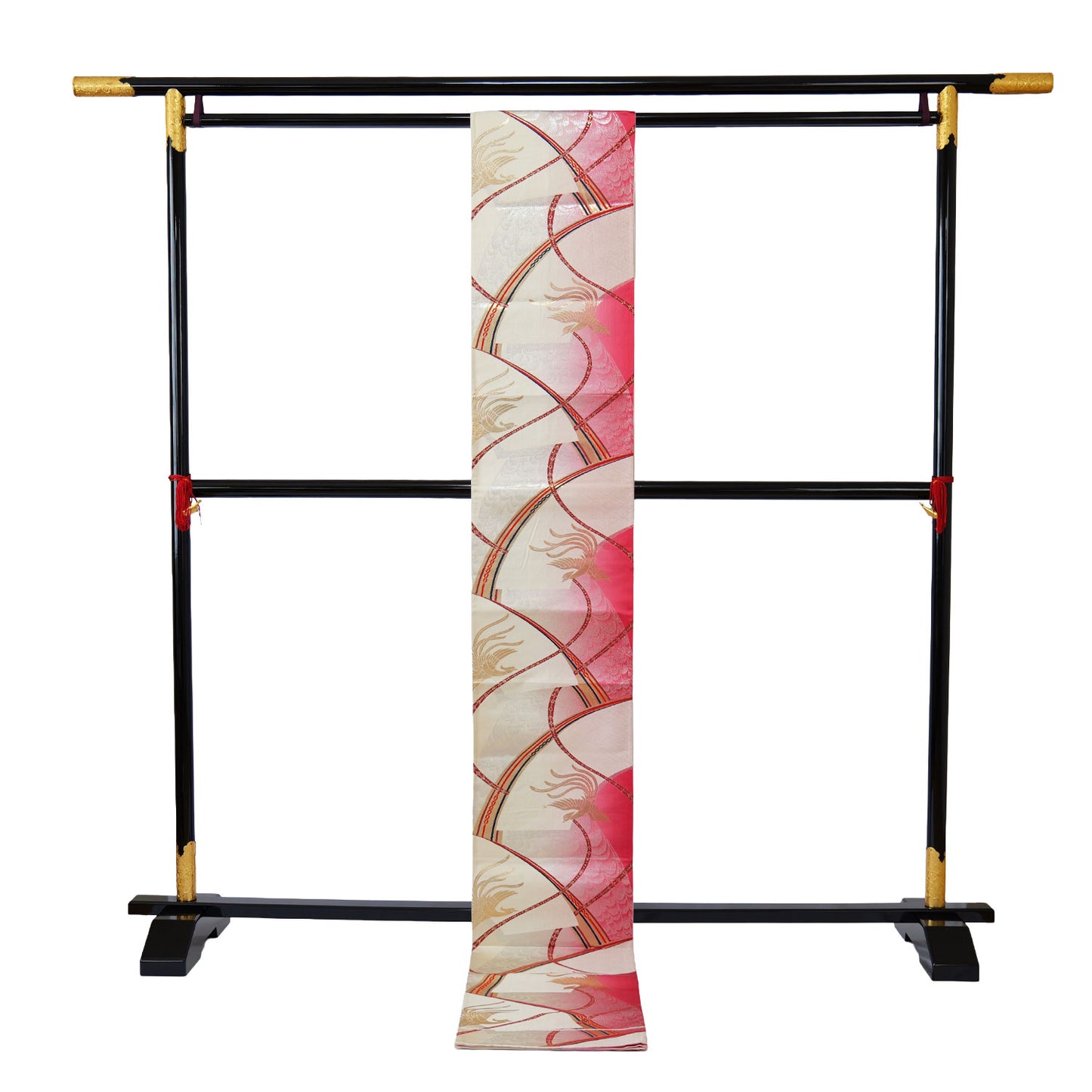 A festive six-panel patterned obi sash in red and white, featuring a design of a phoenix｜鳳凰が描かれた赤と白のおめでたい六通柄の袋帯