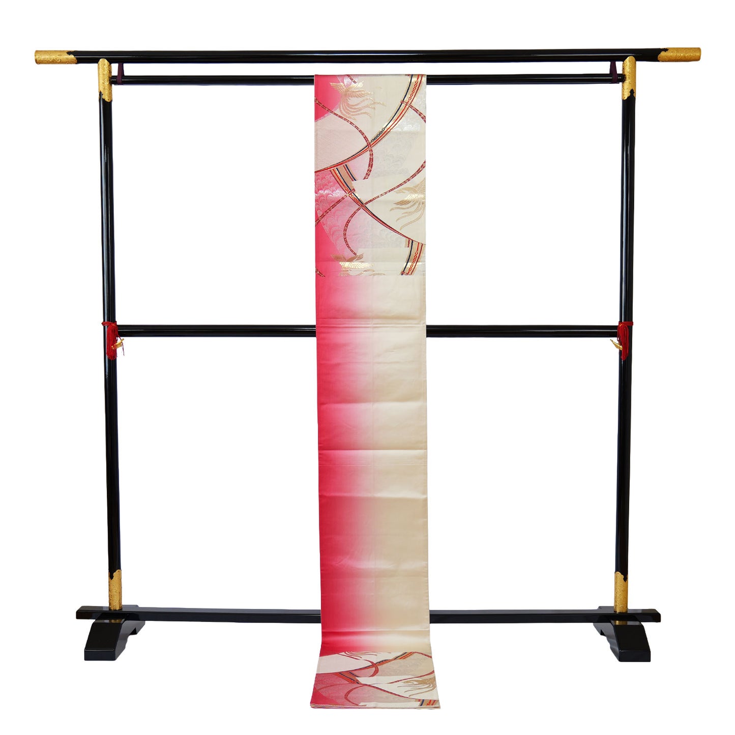 A festive six-panel patterned obi sash in red and white, featuring a design of a phoenix｜鳳凰が描かれた赤と白のおめでたい六通柄の袋帯