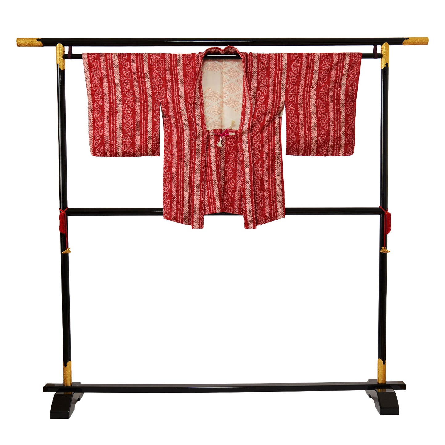 A vermilion-red women's haori coat with striking stencil dyeing｜型染め絞りが印象的な朱赤の女物羽織