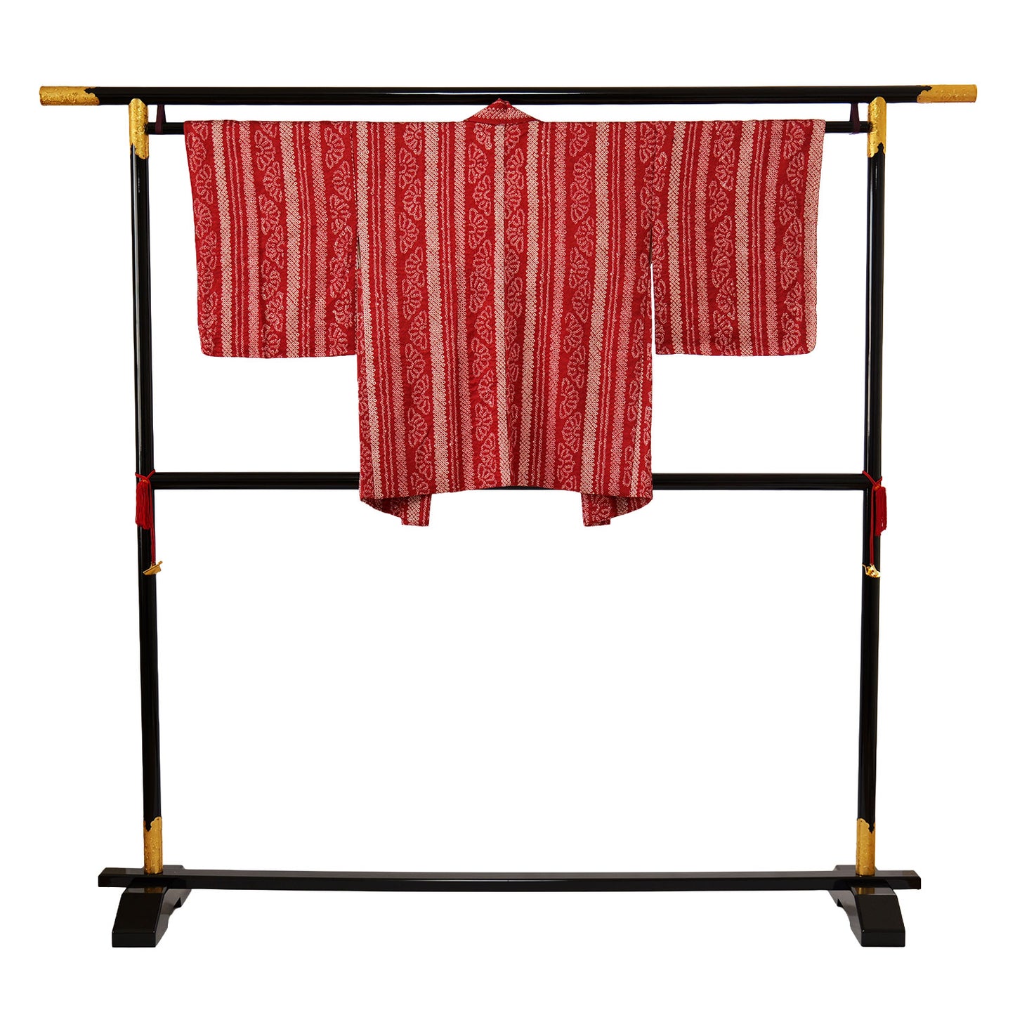 A vermilion-red women's haori coat with striking stencil dyeing｜型染め絞りが印象的な朱赤の女物羽織