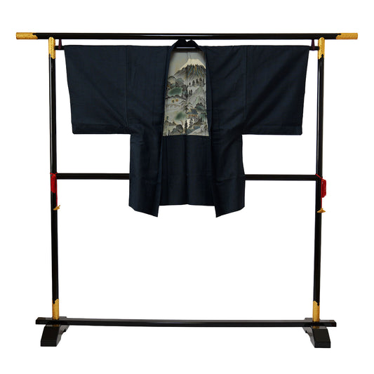 An indigo Oshima men's haori with a striking hand-painted Mt. Fuji lining｜手書き富士山の裏地が印象的な藍大島の男物羽織