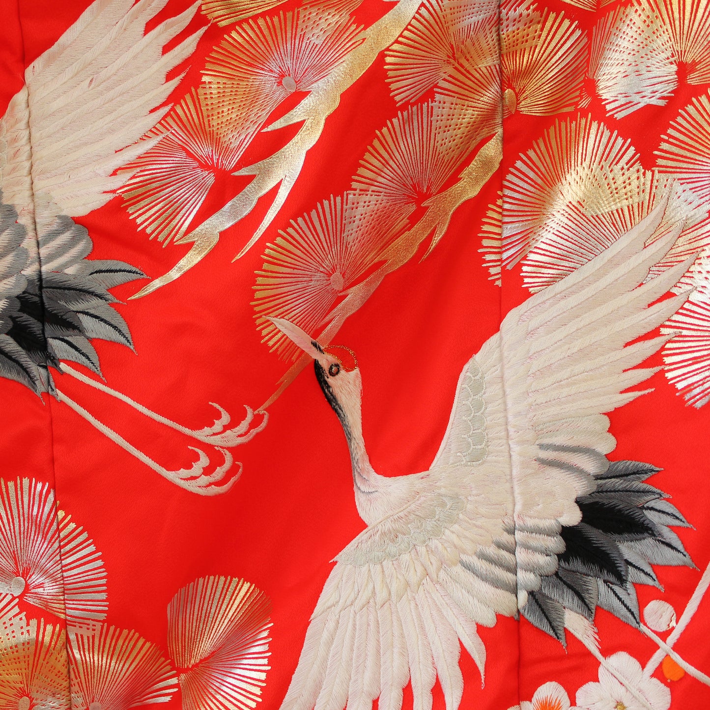 Kimono Uchikake Vermilion-Red FlyingCrane Plum Embroidery GoldLeaf SilverLeaf Japanese Traditional Clothing Japan