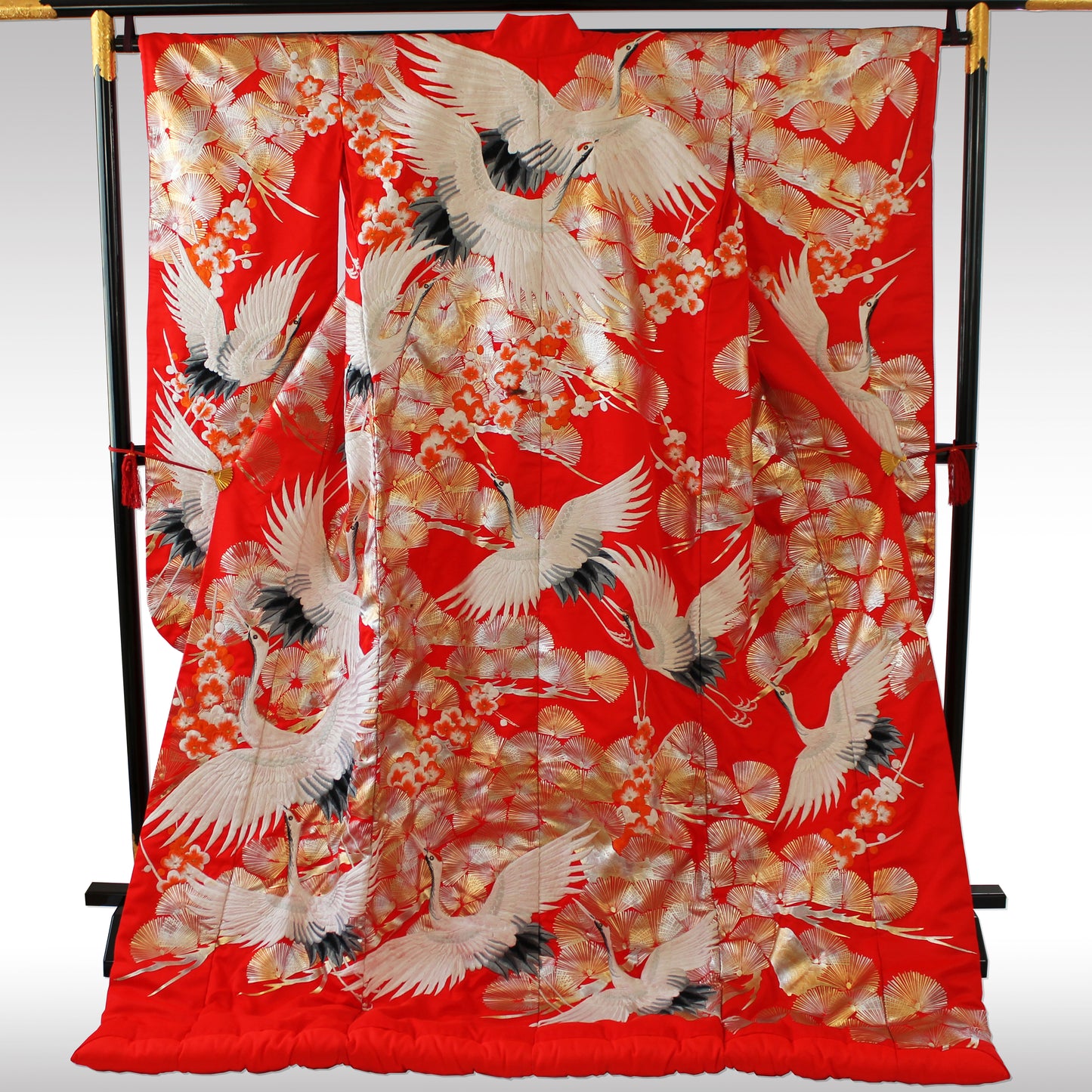 Kimono Uchikake Vermilion-Red FlyingCrane Plum Embroidery GoldLeaf SilverLeaf Japanese Traditional Clothing Japan