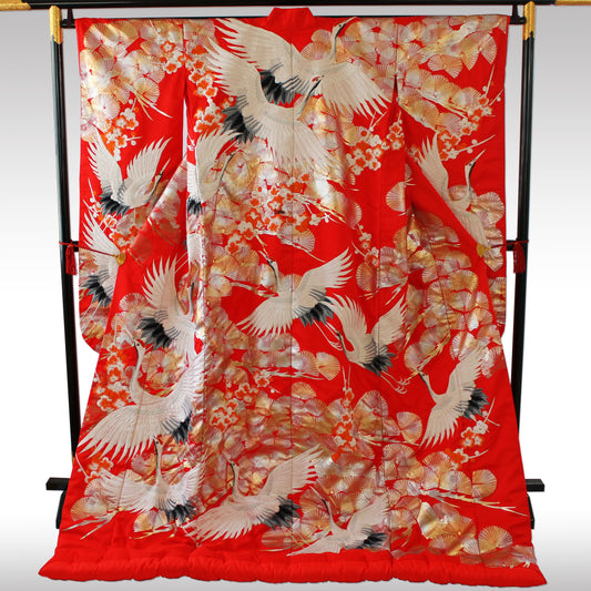 Kimono Uchikake Vermilion-Red FlyingCrane Plum Embroidery GoldLeaf SilverLeaf Japanese Traditional Clothing Japan