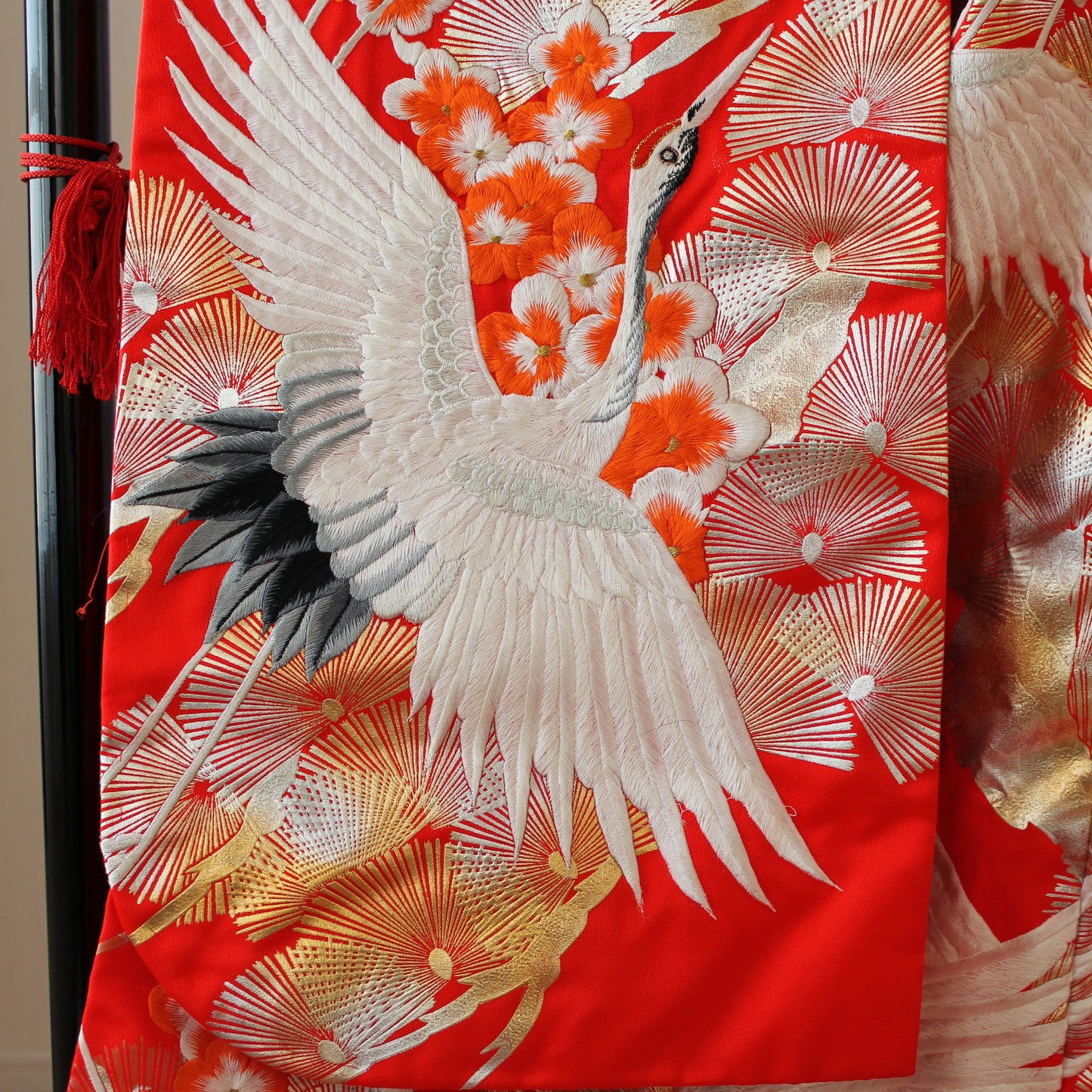 Kimono Uchikake Vermilion-Red FlyingCrane Plum Embroidery GoldLeaf SilverLeaf Japanese Traditional Clothing Japan